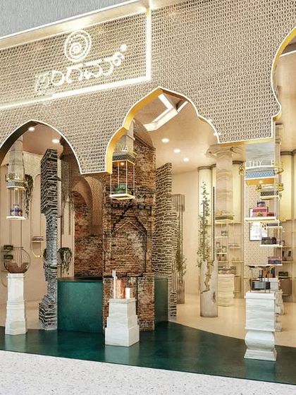 A render of our design for the Sangam Sweets outlet at Bangalore International Airport (BIAL). The concept uses layered arches and traditional Indian motifs to create a grand and inviting storefront for travelers.