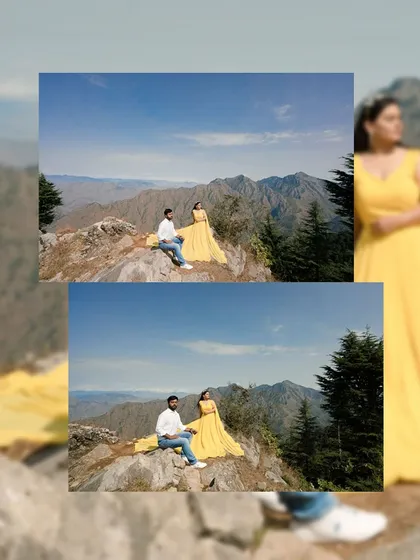 A diptych showing a couple sitting on a mountain peak, with the expansive blue sky and distant ranges creating a breathtaking backdrop for their pre-wedding shoot.