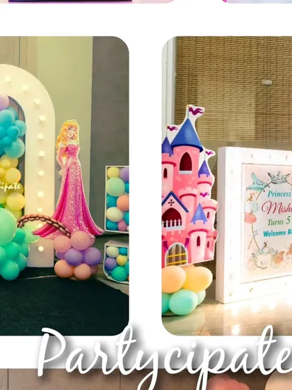 For this princess party, I created a charming entrance with a castle-shaped welcome sign and a light-up arch, setting a royal tone from the very beginning.