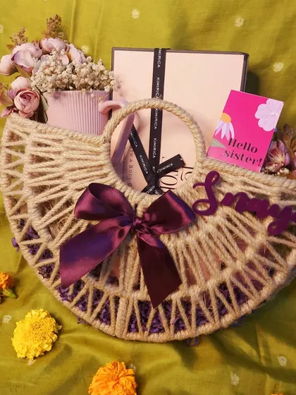 This lovely jute basket for a sister includes a Kimirica gift set, a personalized pastel mug, and other pampering essentials. It's a bundle of joy to celebrate your sisterly bond.