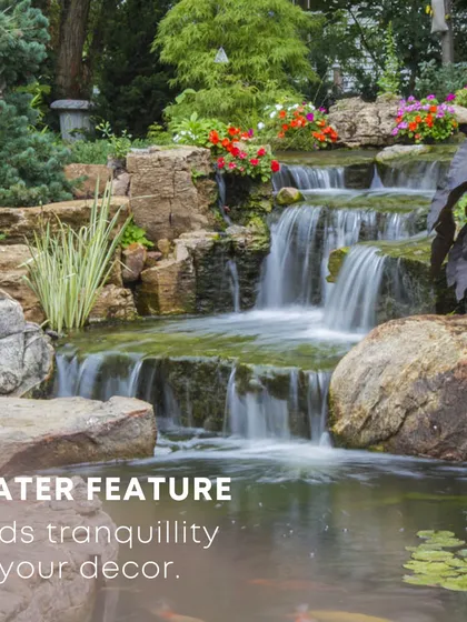 The sound of moving water adds a layer of tranquility that is unmatched. We design and integrate custom water features, like this multi-tiered waterfall, into garden landscapes. These elements become a focal point, creating a peaceful ambiance for you to relax and unwind in your own backyard.
