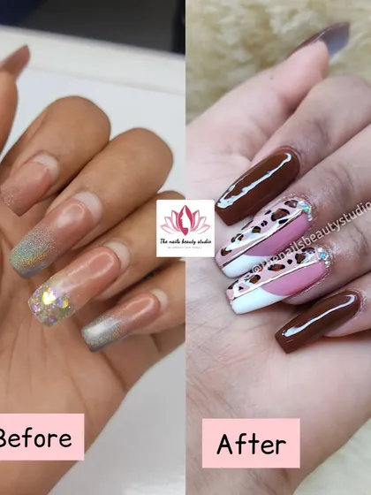 This is a great example of a complete nail transformation. We went from grown-out extensions to this fresh, stylish set featuring a rich brown polish, modern French tips, and a hand-painted leopard print accent nail. It shows how a refill can completely change your look.