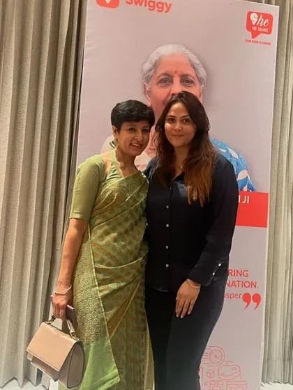 Posing with a fellow entrepreneur at the Swiggy event celebrating the spirit of women in business.