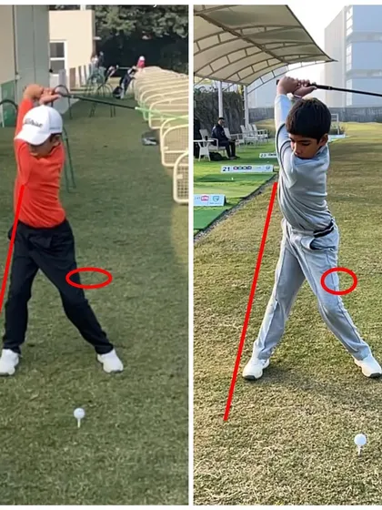 We worked on eliminating the early hip slide (sway). The red line shows how much more centered and rotational the new swing is.