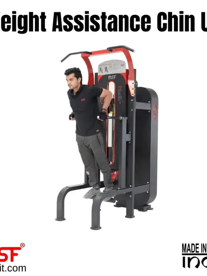 A user performing assisted dips on our versatile chin-up and dip station. The machine provides support to help master the movement with proper form.