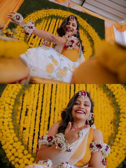 A collage of a bride's playful and happy portraits from her Haldi ceremony.