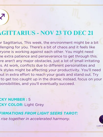 A weekly tarot forecast for Sagittarius. The environment might be a bit challenging for you this week. There's a bit of chaos, and it feels like everyone is working against each other. You'll need some extra patience and perseverance.