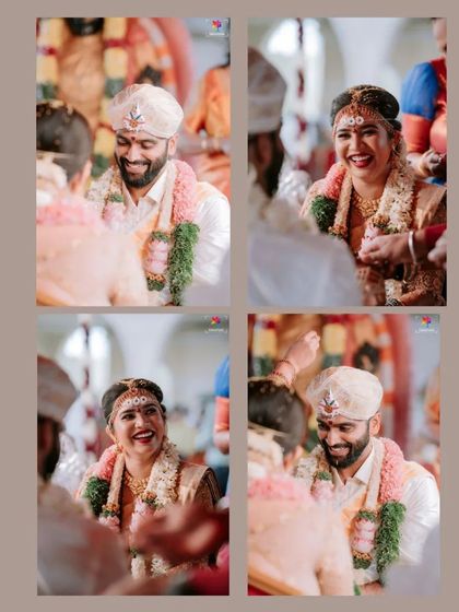 A collage of pure, unadulterated laughter and joy between the bride and groom during their ceremony. These candid shots are often the most cherished.