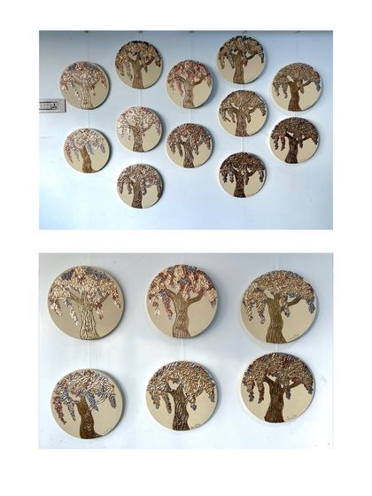 My Diwali collection, featuring textured trees on circular canvases. Each piece is aglow with festive energy, ready to light up a home.