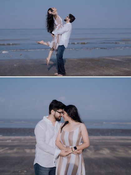 A playful lift and a sweet embrace. These two shots perfectly capture the dynamic between a fun-loving and a romantic pre-wedding beach session.