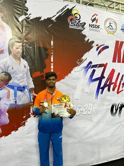 Harshit Pandey with his medal and certificate at the Thailand Open Karate Championship, a result of his excellent performance in Bangkok.