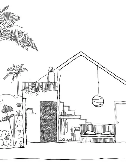 The architectural sketch is where a spatial narrative first takes form. This sectional drawing explores the relationship between interior volumes, light, and the natural landscape, illustrating how we think about creating homes that are both structures and sanctuaries.