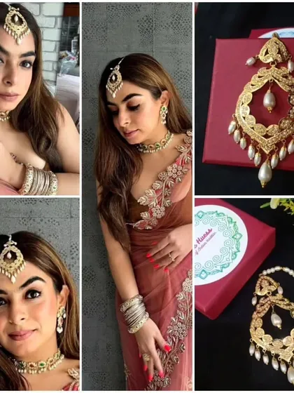 An influencer looking gorgeous in one of my Jadau Mangtikas. This collage shows how it can be the centerpiece of a full festive look.