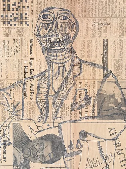 A full view of F. N. Souza's 'Gentlemen', a pen and ink drawing on a collage of newspaper clippings from 1967. The use of newspaper adds a layer of social commentary, grounding the distorted figure in the context of its time.