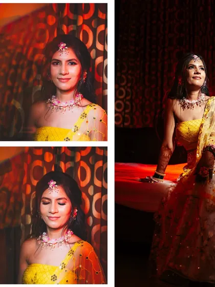 A collage of a bride's portraits from her Haldi ceremony. I use creative lighting to capture different moods, from bright and happy to more dramatic and introspective.