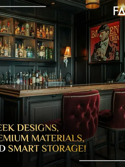 For a timeless, classic feel, I designed this speakeasy style bar. It features dark wood paneling, a built-in liquor cabinet with glass doors, and plush, tufted velvet bar stools. This setup is all about creating a moody, intimate space for conversation.