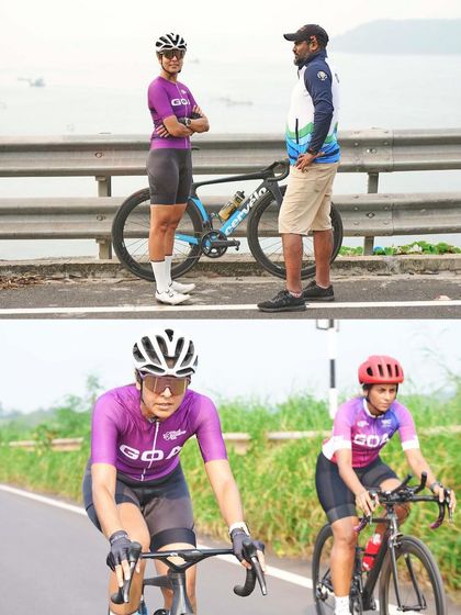 This collage shows two sides of a training day. The bottom panel captures two cyclists in motion, while the top panel shows a candid moment of discussion between an athlete and coach.