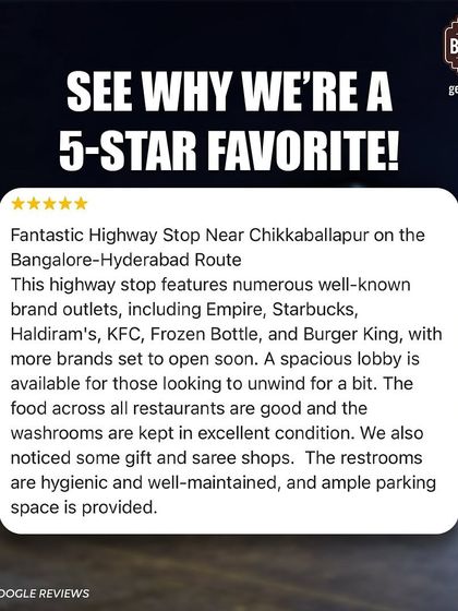 "Fantastic Highway Stop." This review mentions our well-known brand outlets, spacious lobby, and excellent, hygienic restrooms.