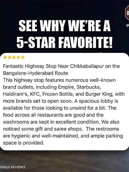 This review calls us a "fantastic highway stop," noting our numerous well-known brand outlets, spacious lobby, and excellent, hygienic restrooms.