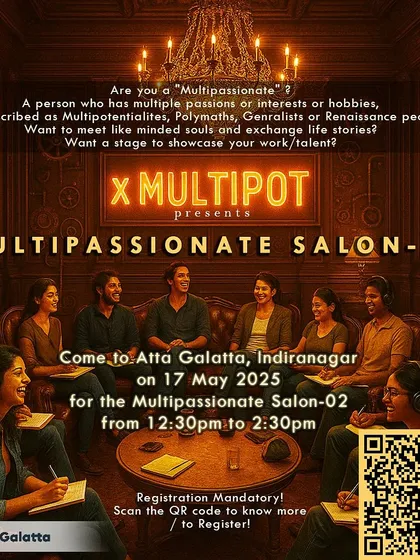 Poster for 'Multipassionate Salon', a meetup for people with multiple creative interests.