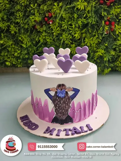A cute cake for Mitali with purple hearts and a girl with a bow in her hair. A sweet and personal design for a special birthday.