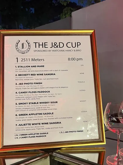 Your theme is our inspiration. For this derby-themed event, we designed a "J&D Cup" cocktail menu, complete with creatively named drinks like 'Stallion and Mare' and 'Candy Floss Paddock' to perfectly match the occasion.