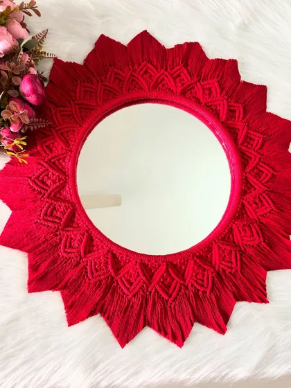A full view of the finished red mirror mandala against a soft, fluffy background. This 23-inch piece is designed to be a showstopper in any room.