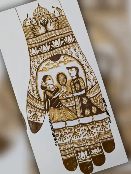 A Karwachauth themed design featuring a couple playing badminton, showing how we can personalize mehndi to tell a unique story.