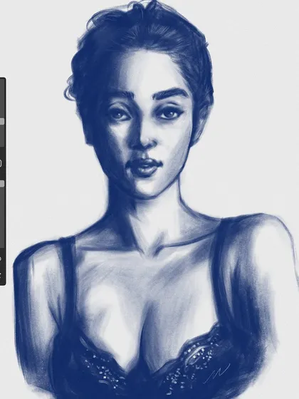 This was a quick 30-minute digital portrait study. I focused on capturing the light and shadow on the face and figure using a simple blue and white palette.