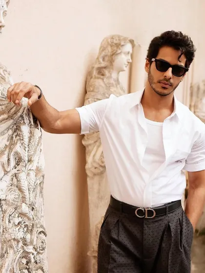 A classic cool shot of Ishaan Khatter. The clean grooming and stylish sunglasses create a timeless and sophisticated look for 'The Royals' promotions.
