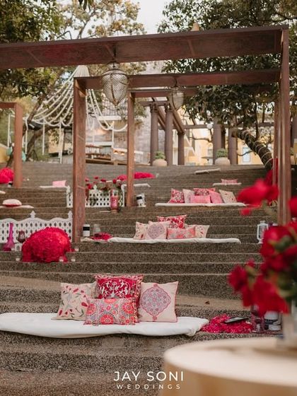A wide view of the tiered seating area, showcasing how I transformed a natural architectural feature into a stunning and functional lounge space for the event.