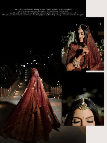A collage of artistic nighttime bridal portraits, showcasing the bride's stunning lehenga and the romantic, sparkling lights.