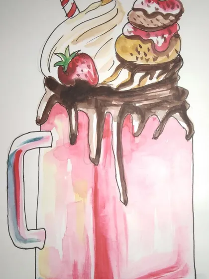 This vibrant milkshake painting is another fun exercise from my watercolour class. We focus on how to paint highlights on glass and the texture of cream and chocolate.