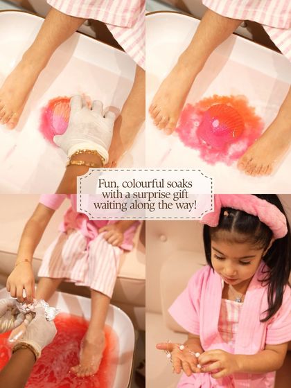 The Kids Pedicure includes fun, colorful soaks and even a surprise gift. This collage shows the joy and excitement of the experience, from the bubbly foot bath to the final treat.