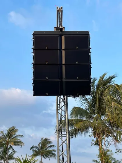 A close-up of our L-Acoustics K2 line array speaker system, the same gear used in global concert tours. We were the first to bring this world-class audio technology to Punjab, ensuring every event we manage has crystal-clear, powerful sound, whether it's for a live band or a massive festival.