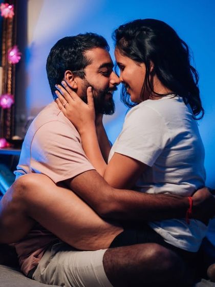 An intimate at-home portrait of a couple sharing a close moment. These sessions are about capturing your connection in a space that is personal and meaningful to you.