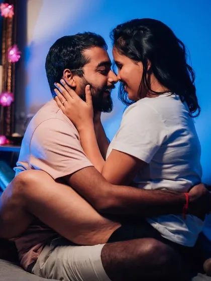 An intimate at-home portrait of a couple sharing a close moment. These sessions are about capturing your connection in a space that is personal and meaningful to you.