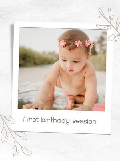 A simple and sweet memory from a first birthday session, presented in a classic polaroid style. This shot captures her crawling and exploring during our outdoor shoot.