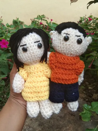 A custom order for a crochet couple doll. I can personalize these dolls to resemble you and your partner.