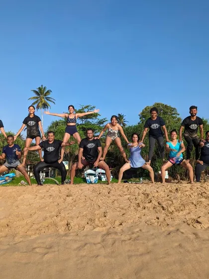 We are serious about yoga, but we are also serious about fun. Here is our Aayana family creating a human pyramid during our acro yoga session on the beaches of Sri Lanka. It is all about trust, laughter, and community.