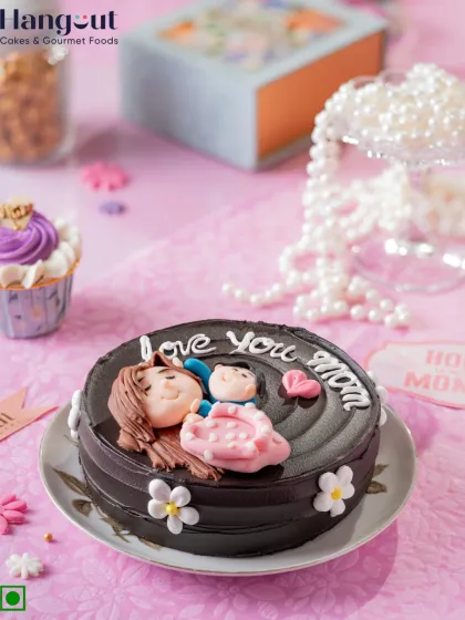 Celebrate Mom with our Dutch Truffle Cake, featuring rich chocolate ganache and a heartfelt, hand-drawn style mom-and-child design on top.