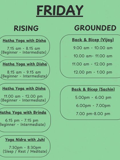 Our Friday schedule is perfect for all levels, with beginner to intermediate Hatha Yoga and focused Back & Bicep training.