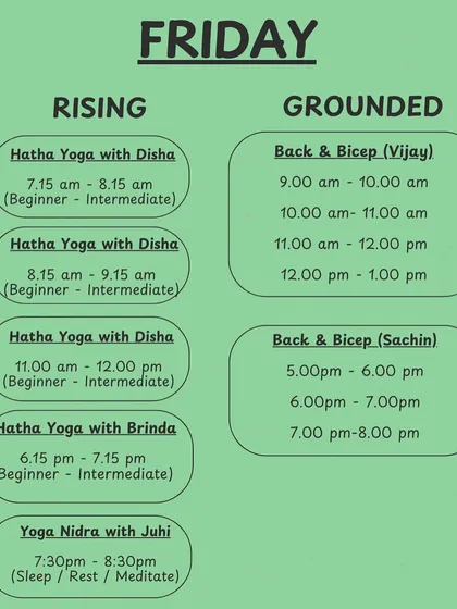 Our Friday schedule is perfect for all levels, with beginner to intermediate Hatha Yoga and focused Back & Bicep training.