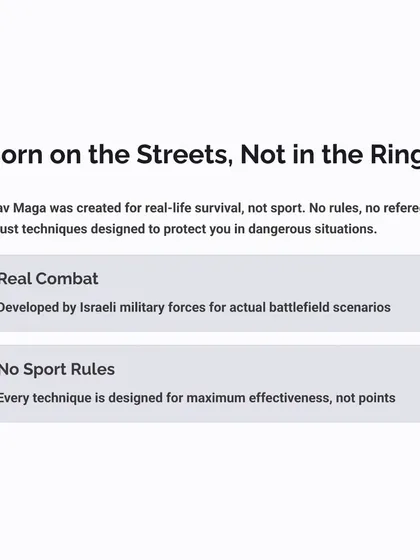 Krav Maga is different from traditional martial arts. It was born on the streets for survival, not in a ring for points. There are no rules, only what is effective to keep you safe.