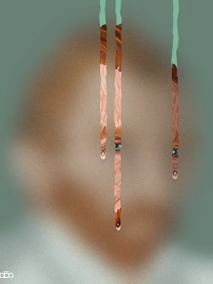 An abstract piece about surviving defeat. Three paintbrushes drip color, their forms blurred and indistinct, representing the tools of the artist after a struggle. The image is paired with a Chekhov quote about the surprising nature of the defeats one has survived.