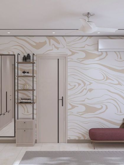 This bedroom design uses a striking marble-patterned wallpaper as a feature. The clean lines of the wardrobe and the simple, modern shelving unit are balanced by the bold pattern and a pop of color from the burgundy bench.