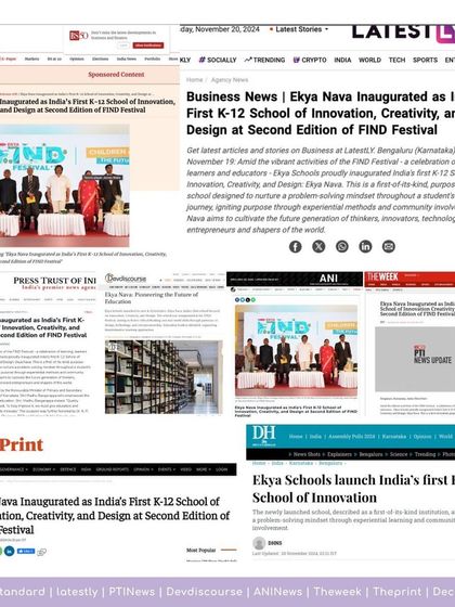 A collage of national press coverage from our launch at the FIND Festival, including Business Standard, ThePrint, and Deccan Herald.