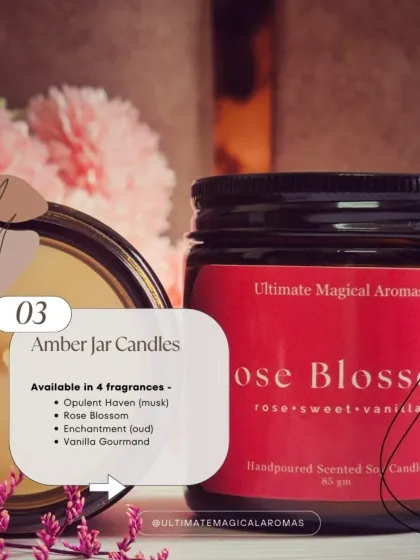 Showcasing the Amber Jar Candle in 'Rose Blossom' from my Valentine's collection. The warm amber glass and sweet floral scent create a romantic and cozy atmosphere.