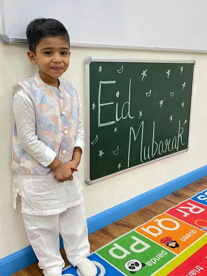 Another handsome little boy dressed in traditional attire for Eid. Our parties are a great way for kids to learn about and respect different cultures.