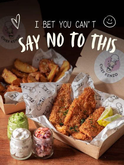 Our crispy fish and chips, packed and ready for delivery with our signature dips. It's the ultimate comfort food.